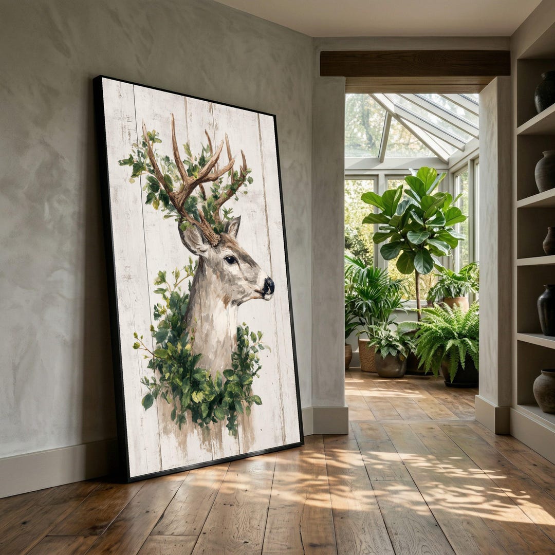 Rustic Deer Portrait With Greenery Canvas, Woodland Animal Wall Art ...