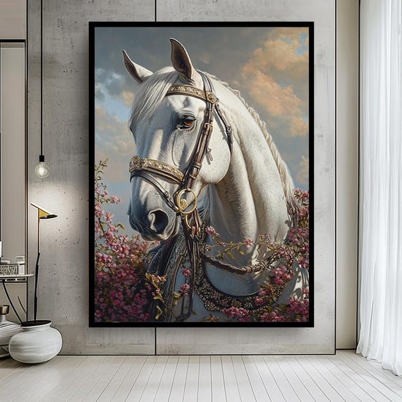 White Horse Canvas Wall Art – Regal Horse Portrait with Golden Bridle and Floral Details – Elegant Animal Print for Classic Home Decor