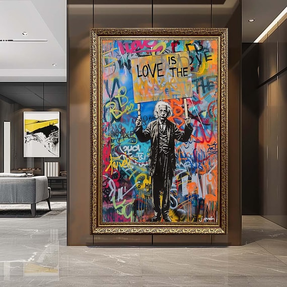 Einstein Street Art Canvas Wall Art – Love Is the Answer Graffiti Print – Colorful Urban Pop Art for Modern Decor