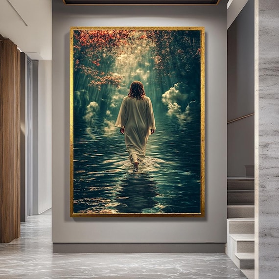 Jesus Walking on Water in Forest Light Canvas Wall Art – Mystical Christian Miracle Scene – Spiritual Faith Based Religious Decor Print