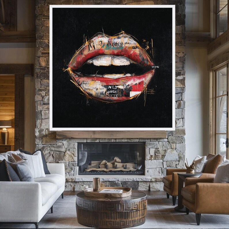 Abstract Red Lips Canvas Wall Art, Modern Expressionist Lip Design ...