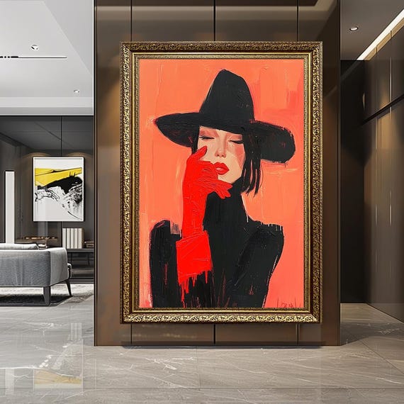 Modern Woman Canvas Wall Art – Abstract Portrait of Elegant Lady in Black Hat and Red Glove, Bold Fashion Artwork for Living Room or Bedroom