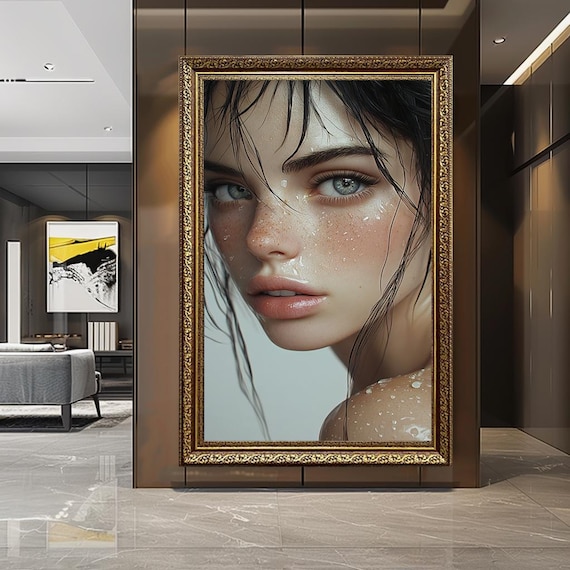 Hyperrealistic Wet Look Woman Portrait Canvas, Modern Beauty Canvas Art Print, Contemporary Feminine Artwork for Bedroom or Studio Decor