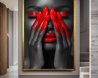 Impresión en lienzo de mujer negra y roja, arte mural moderno y glamoroso, retrato femenino audaz con labios y uñas rojas para la decoración de la sala de estar.