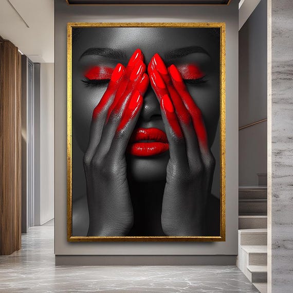 Black and Red Woman Canvas Print, Modern Glamour Wall Art, Bold Female Portrait with Red Lips and Nails for Living Room Decor