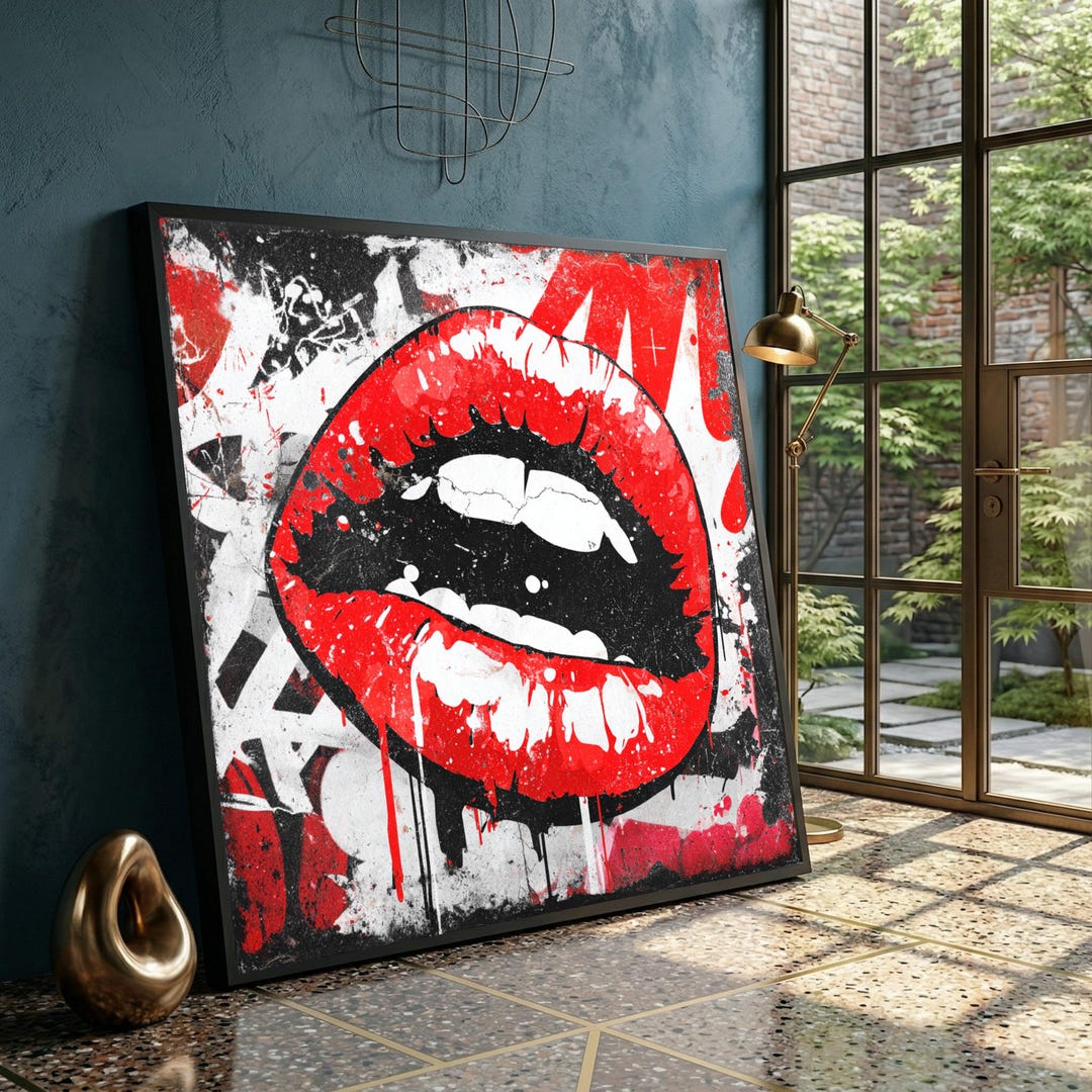 Bold Red Lips Canvas, Urban Graffiti Wall Art, Modern Pop Art Canvas ...