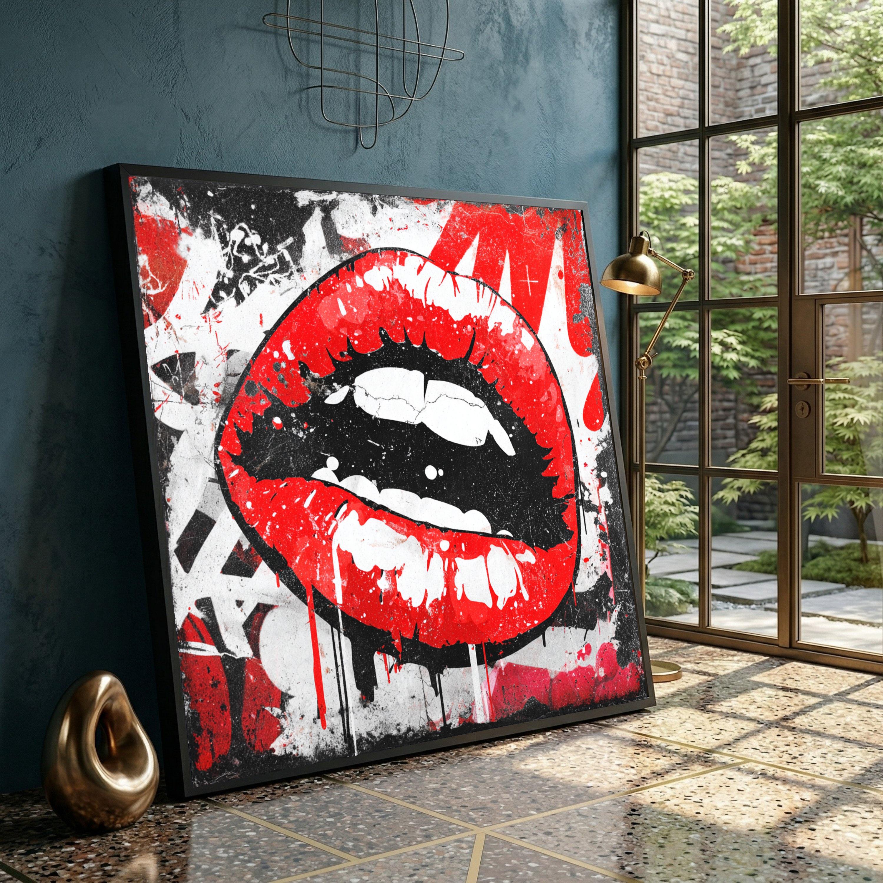 Bold Red Lips Canvas, Urban Graffiti Wall Art, Modern Pop Art Canvas ...