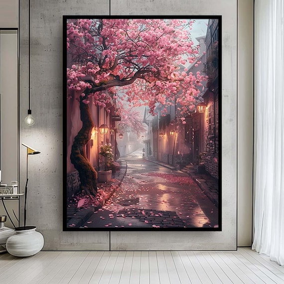 Cherry Blossom Street Canvas Wall Art – Romantic Vintage Town Painting Print – Dreamy Floral Street Artwork for Cozy Home Decor