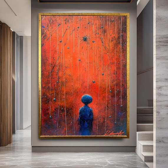 Cosmic Abstract Figure Wall Art | Surreal Red and Blue Painting Print | Contemporary Emotional Canvas for Modern Home or Gallery Decor