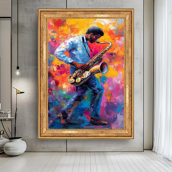 Jazz Musician Canvas Wall Art - Colorful Saxophone Player Painting - Abstract Expressionist Music Print - Vibrant Modern Home Decor