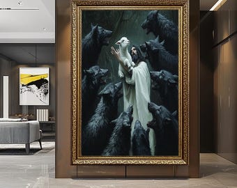 Jesus beschützt das Lamm Leinwandkunst: Christliche religiöse Malerei