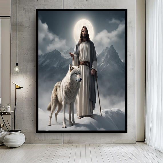 Jesus and Wolf Canvas Wall Art – Spiritual Snow Mountain Scene with Full Moon Christian Nature Artwork Symbolizing Faith and Strength