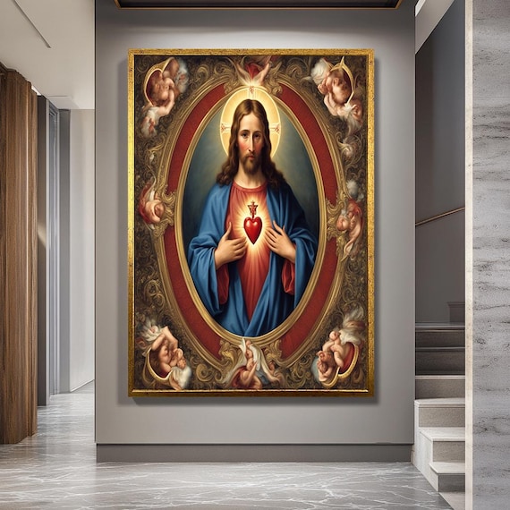 Sacred Heart of Jesus Canvas Wall Art – Classic Catholic Icon with Glowing Heart and Angel Motifs for Faith-Based Home or Prayer Room Decor