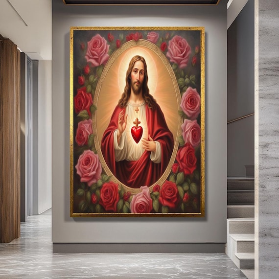 Sacred Heart of Jesus Canvas Wall Art – Catholic Portrait with Glowing Heart and Roses Symbolizing Divine Love and Grace for Prayer Room
