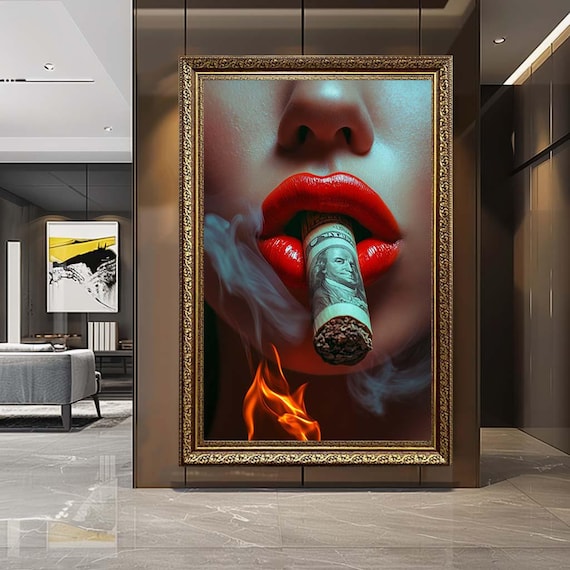 Money Cigar Lips Canvas Wall Art – Bold Pop Art Woman Portrait – Luxury Hustle Artwork for Modern Man Cave Decor