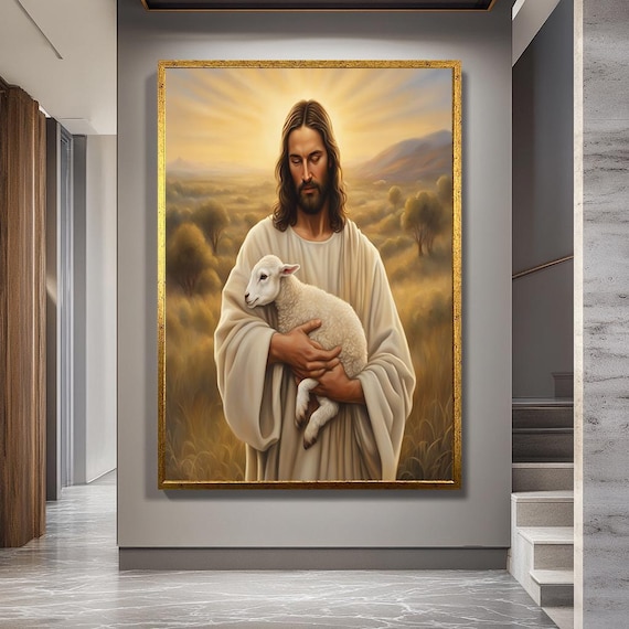 Jesus with Lamb Canvas Wall Art – Peaceful Good Shepherd Christian Artwork Symbolizing Love, Mercy and Protection for Faith-Based Home Decor