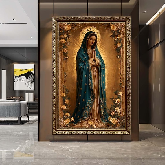 Virgin Mary Canvas Wall Art – Our Lady Prayer Portrait with Roses – Sacred Catholic Artwork for Spiritual Home Decor