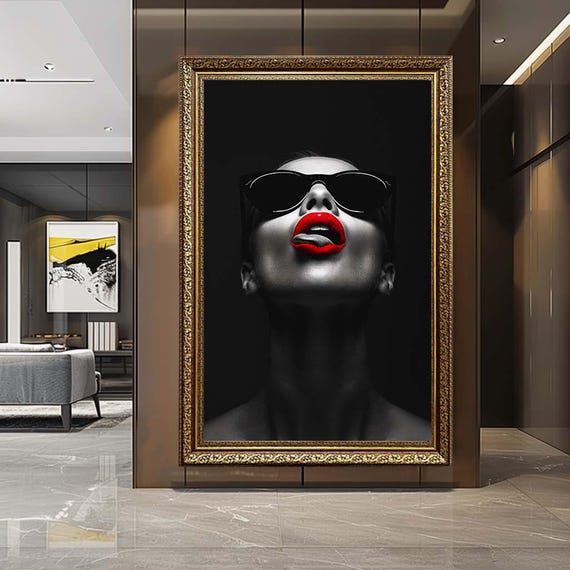 Black and White Woman Canvas Wall Art – Red Lips Fashion Portrait – Modern Glam Artwork for Stylish Home Decor