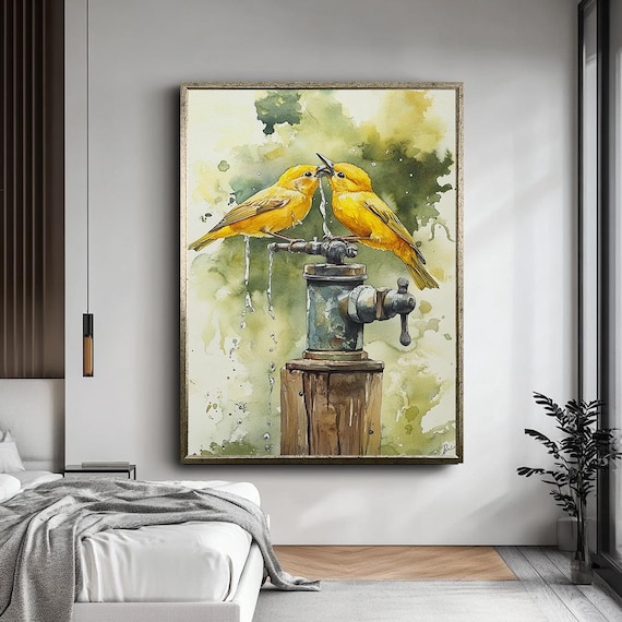 Watercolor Yellow Birds Canvas Art - Cute Lovebirds on Tap Wall Decor - Nature Inspired Rustic Farmhouse Painting for Kitchen or Entryway