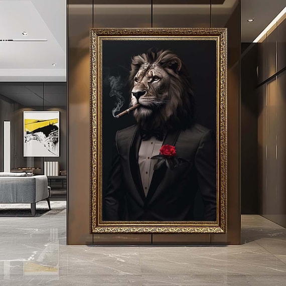 Gentleman Lion Canvas Wall Art – Mafia Style Lion Portrait with Cigar – Luxury Animal Artwork for Modern Man Cave Decor
