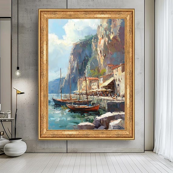 Mediterranean Harbor Wall Art With Boats And Cliffside Village, Coastal Landscape Canvas Print For Beach House Or Nautical Home Decor