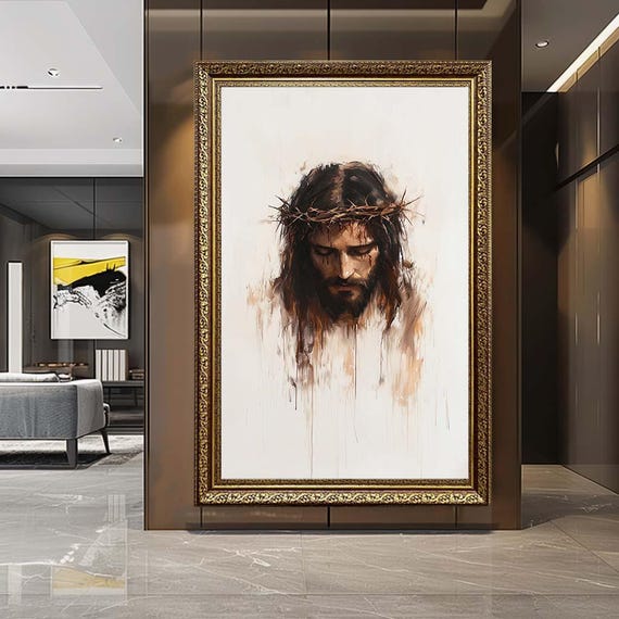 Jesus Crown of Thorns Canvas Wall Art – Minimalist Christian Portrait Print – Sacred Faith Artwork for Prayer Room Decor