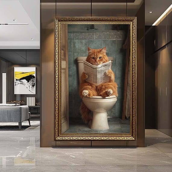 Funny Cat Reading Newspaper Canvas Wall Art – Humorous Bathroom Cat Print – Cute Animal Artwork for Bathroom Decor