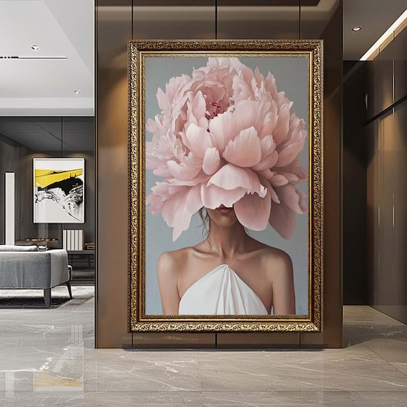 Peony Flower Woman Canvas Wall Art – Elegant Floral Portrait Print – Soft Feminine Artwork for Modern Chic Home Decor