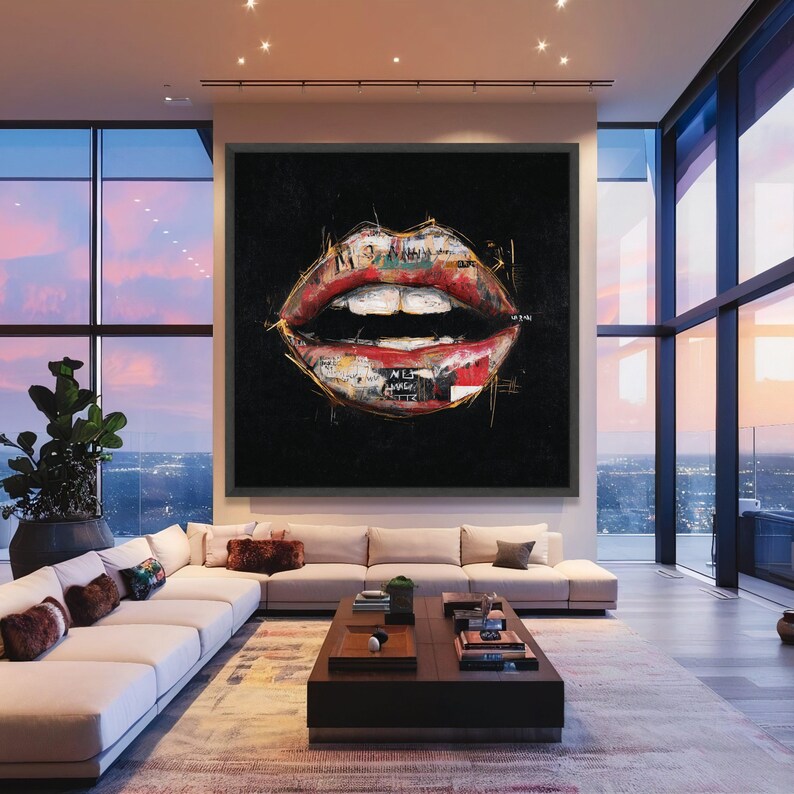 Abstract Red Lips Canvas Wall Art, Modern Expressionist Lip Design ...