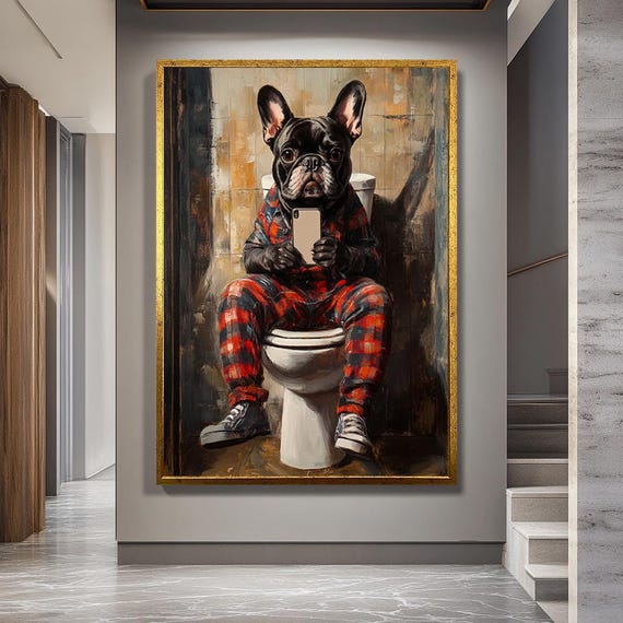 Funny French Bulldog Canvas Wall Art in Pajamas on Toilet with Smartphone – Quirky Dog Print for Bathroom or Humor Decor
