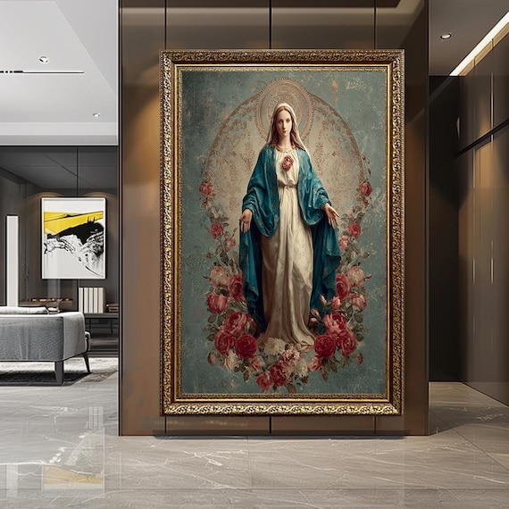 Virgin Mary Sacred Heart Canvas Wall Art – Catholic Blessed Mother with Roses – Elegant Marian Religious Home Decor Print
