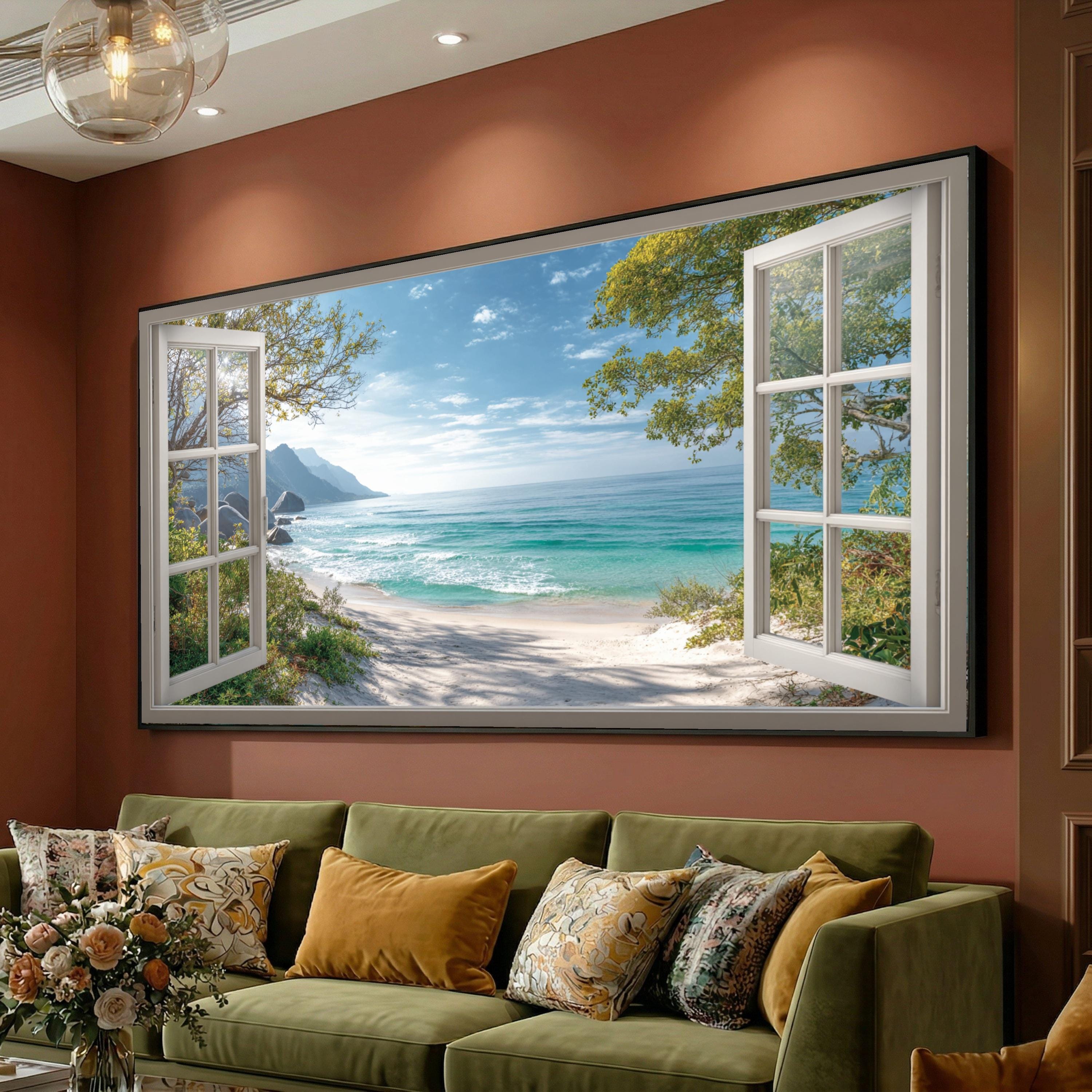 Ocean View Through Open Window Canvas, Tropical Beach Wall Art, Seaside ...