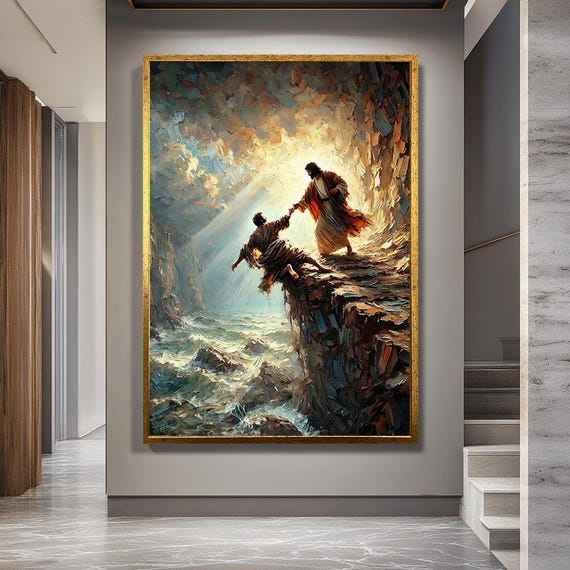 Faith and Rescue Religious Canvas Wall Art, Jesus Saving Man Print, Spiritual Christian Artwork with Light and Ocean for Home Decor