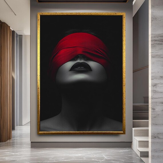 Modern Woman Wall Art with Red Blindfold and Black Lips Minimalist Dark Aesthetic Portrait Canvas Print for Bedroom or Studio Decor