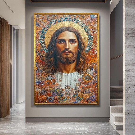 Jesus Christ Floral Portrait Canvas Wall Art – Sacred Religious Icon Surrounded by Flowers – Catholic Christian Spiritual Decor Print