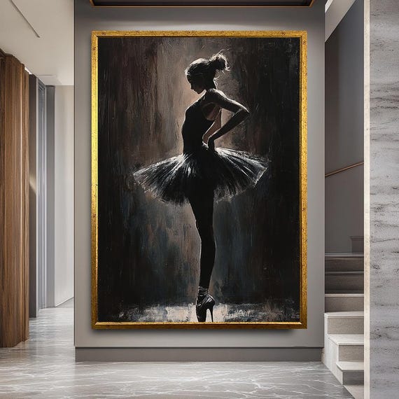 Elegant Ballerina Wall Art In Black Tutu With Spotlight Effect, Dramatic Dance Canvas Print For Ballet Studio Or Sophisticated Room Decor