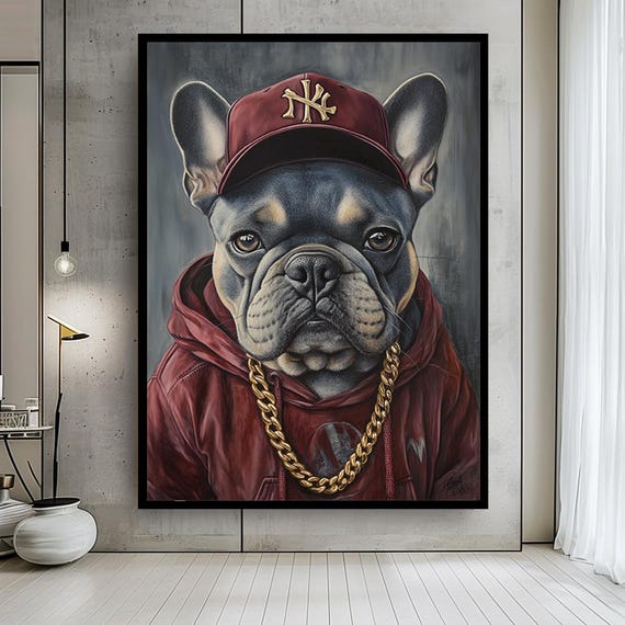 Cool French Bulldog Canvas Wall Art in Hoodie Hat and Gold Chain – Urban Style Dog Print for Trendy Street Art Decor Lovers