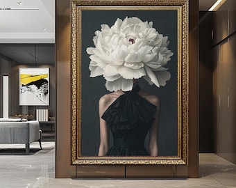 Elegant Floral Woman Portrait Wall Art | Modern Minimalist Flower Head Canvas Print | Chic Feminine Artwork for Bedroom or Gallery Decor