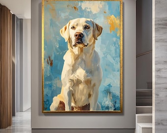 Żółty labrador retriever – nowoczesny portret psa na niebieskim, abstrakcyjnym tle – prezent dla miłośnika zwierząt lub dekoracja do domu