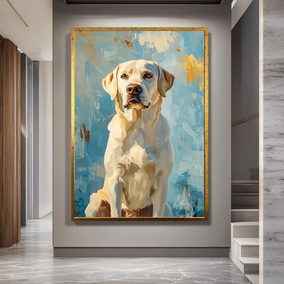 Yellow Labrador Retriever Canvas Wall Art – Modern Dog Portrait on Blue Abstract Background – Pet Lover Gift or Home Decor Print