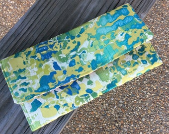 Chartreuse and Teal Speckled Brocade Envelope Clutch