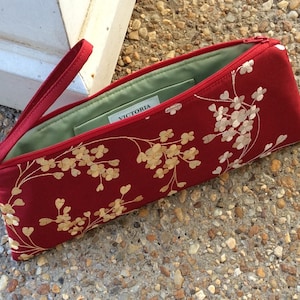 Red Cherry Blossom Embroidered Wristlet