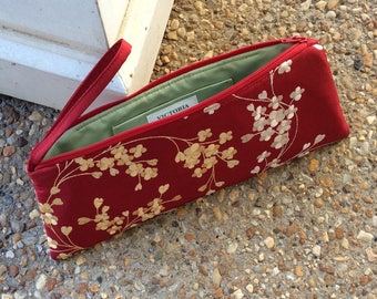 Red Cherry Blossom Embroidered Wristlet