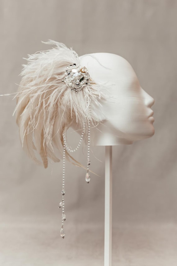 Feather Headdress, Crystal Pearl Bridal Headpiece, Gatsby Accessory