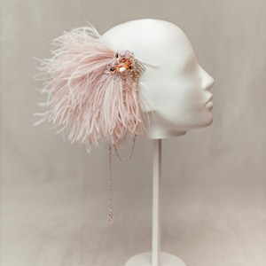 Ostrich Feather Hair Piece – Bridal Headpiece with Swarovski Crystals and Beaded Chain – Gatsby Wedding Fascinator, Hair Accessory, Pink