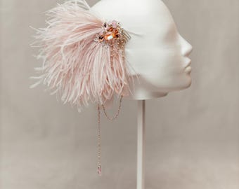Blush Ostrich Feather Headpiece: Swarovski Crystal Bridal Hair Accessory
