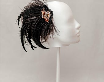 Black Feather Headpiece: Gatsby Wedding Hair Accessory with Swarovski Crystals