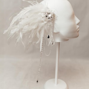 Feather hair piece, rooster feathers, bridal headpiece, ostrich feather wedding fascinator, pearl crystal hair accessory, Gatsby costume