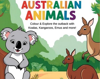 May include: A colourful children's book cover with the title "CUTE AUSTRALIAN ANIMALS". The cover features illustrations of a koala and kangaroos, set against a green backdrop. The text reads "Colour & Explore the outback with Koalas, Kangaroos, Emus and more!"