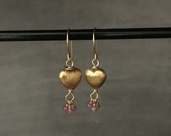 Pink Sapphire and Gold Filled Heart Earrings